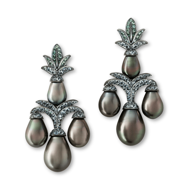 Tahitian pearl earrings — colour-changing garnets, silver, white gold — tb-us-0046