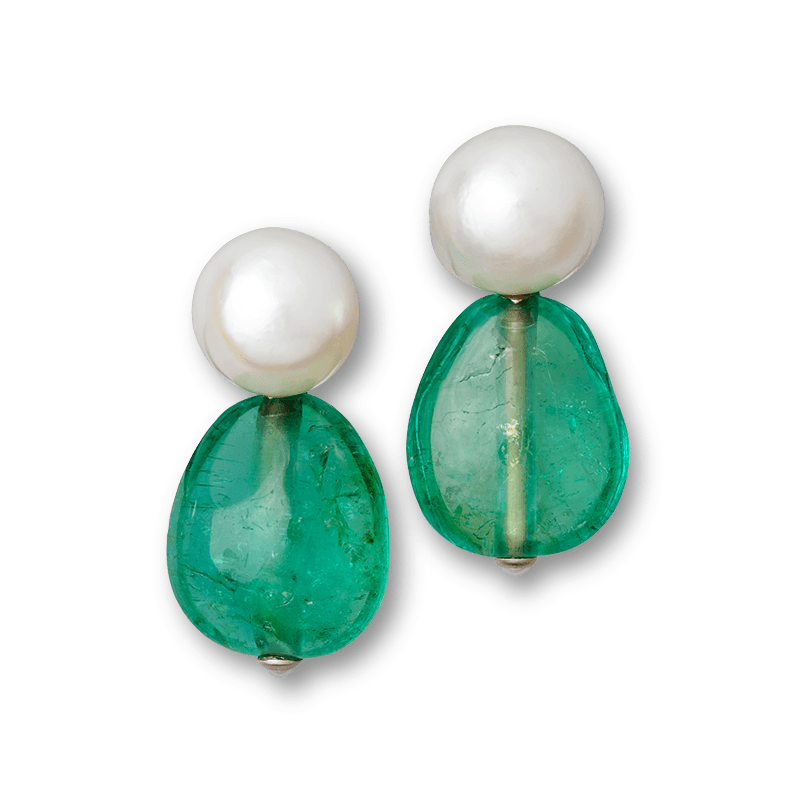 Emerald and pearl earrings — emeralds, pearls, white gold — 037725