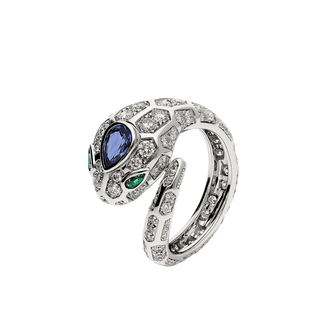Serpenti Seduttori Ring — White gold, emeralds, sapphires, diamonds — AN858337