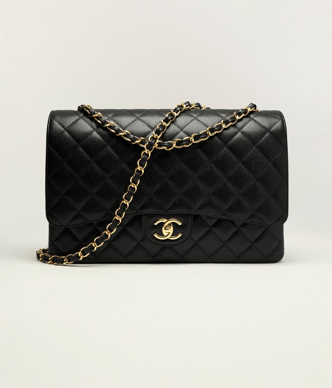 Maxi classic handbag, Grained calfskin & gold-tone metal, black — A58601Y01864C3906