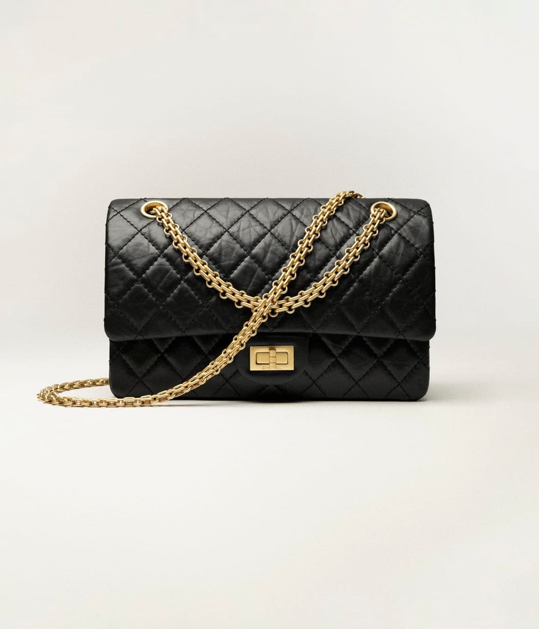 2.55 Handbag, Aged calfskin & gold-tone metal, black — A37586Y04634C3906