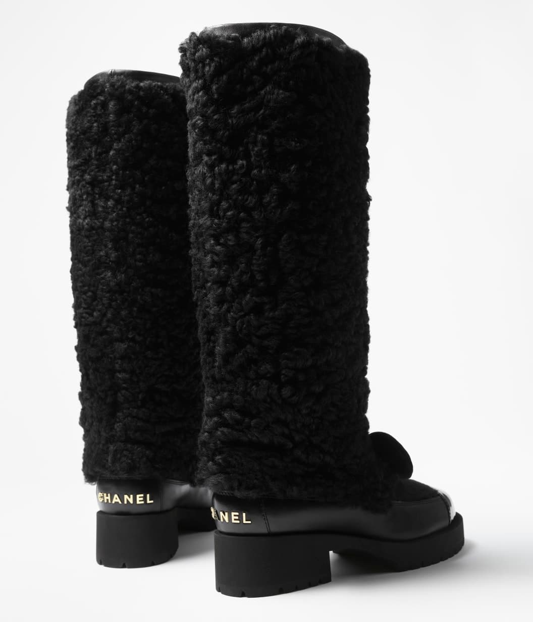 High boots — Shearling lambskin, calfskin, lambskin & patent calfskin, black — G46637B2152894305