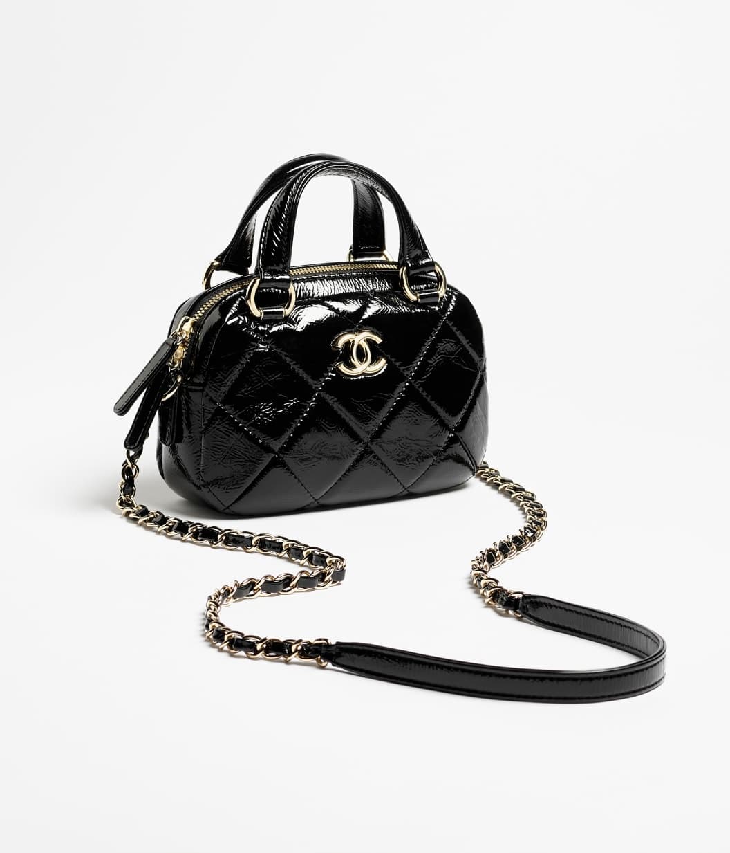 Mini bowling bag, Shiny crumpled calfskin & gold-tone metal, black — AS5536B2139394305