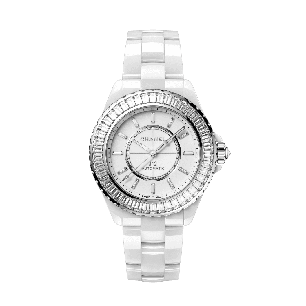 J12 Baguette Diamond Bezel watch Caliber 12.1, 38 mm — White ceramic — H7431