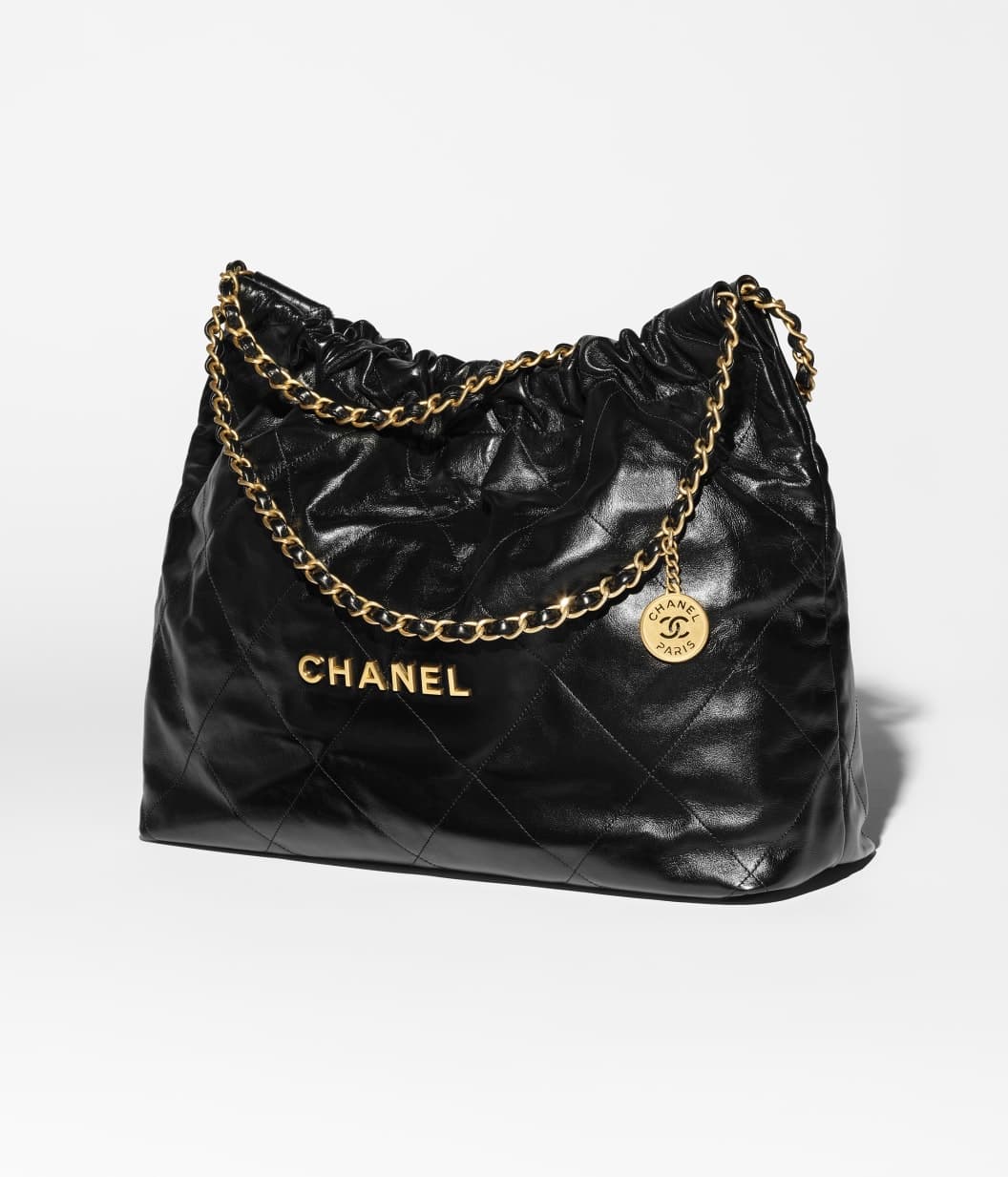 Maxi shopping bag, Shiny calfskin & gold-tone metal , black — AS5980B1905994305
