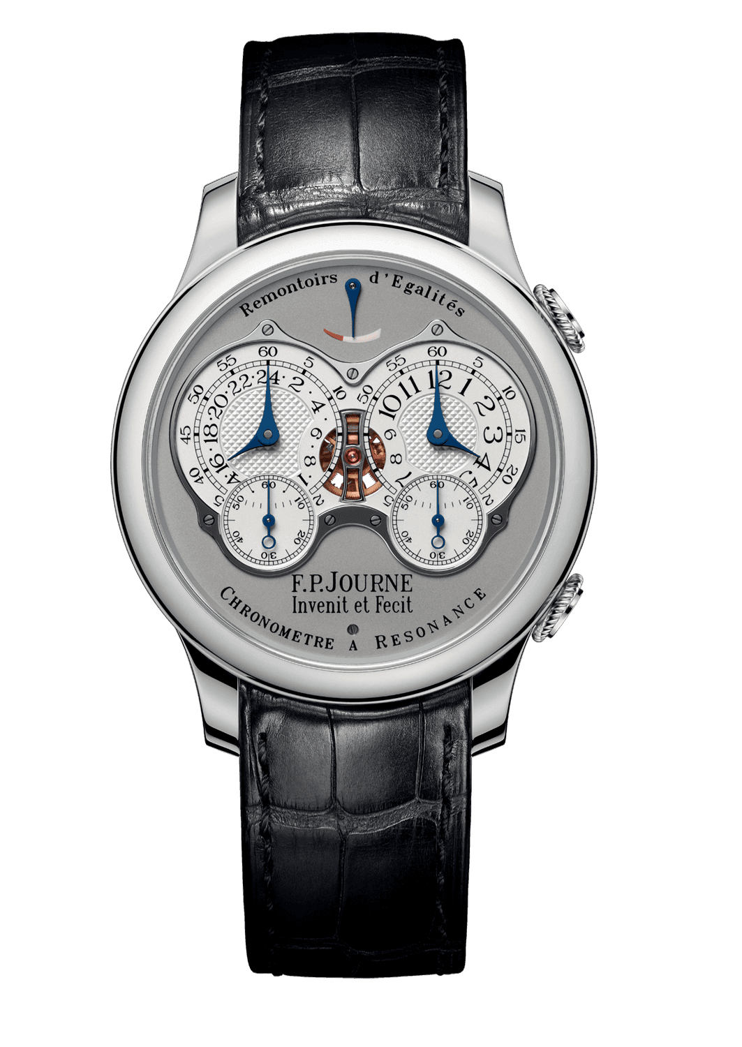 CHRONOMÈTRE À RÉSONANCE — Platinum, 40 or 42 mm, Dial: white Gold and whitened guilloché Silver, Hands: blued Steel, Height: 10.8 mm