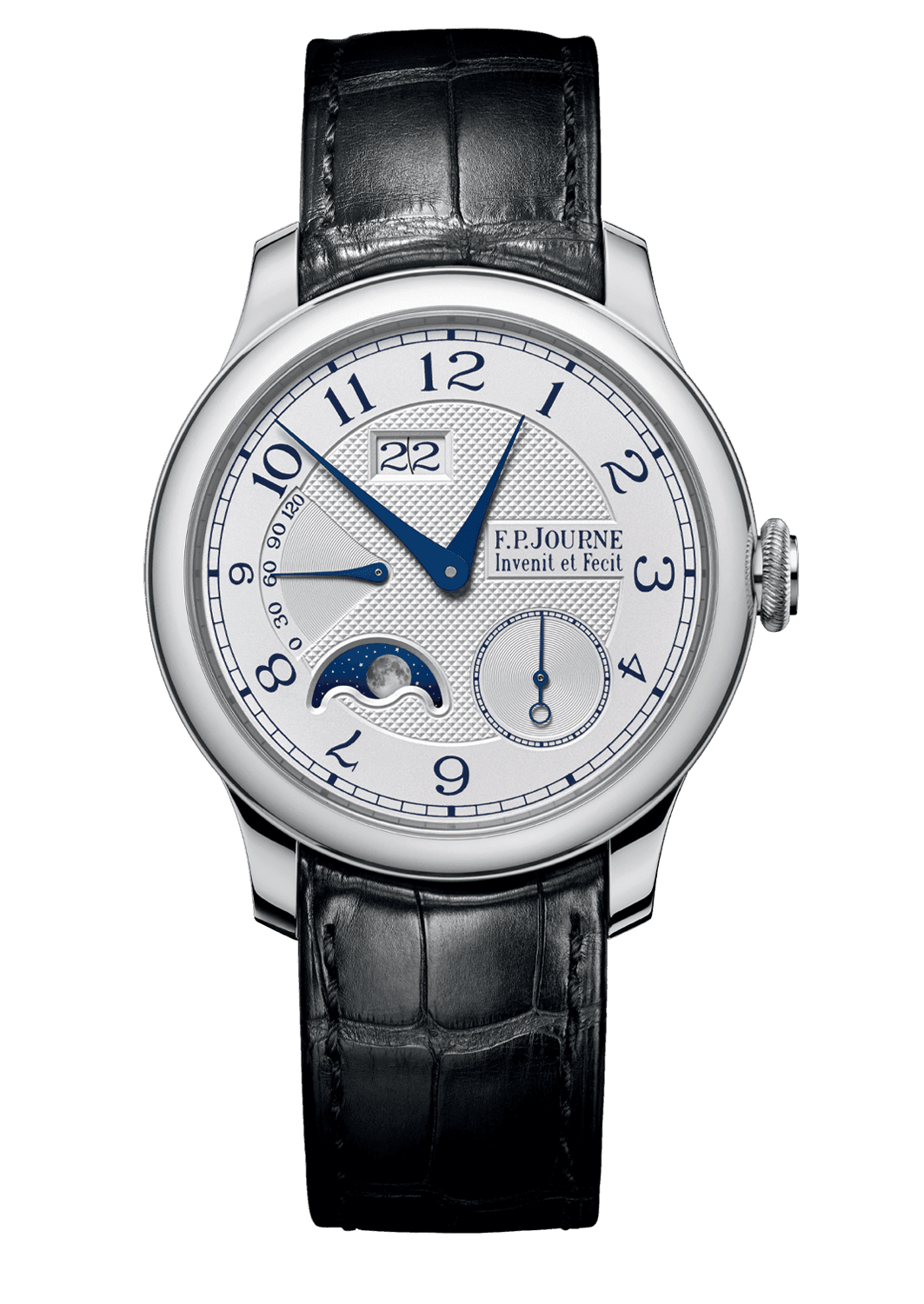 LUNE — Platinum, 40 or 42 mm, Dial: white Gold, Gold numerals surfaced with a diamond tool, Hands: blued Steel and rhodium plated Steel, Height: 10.7 mm
