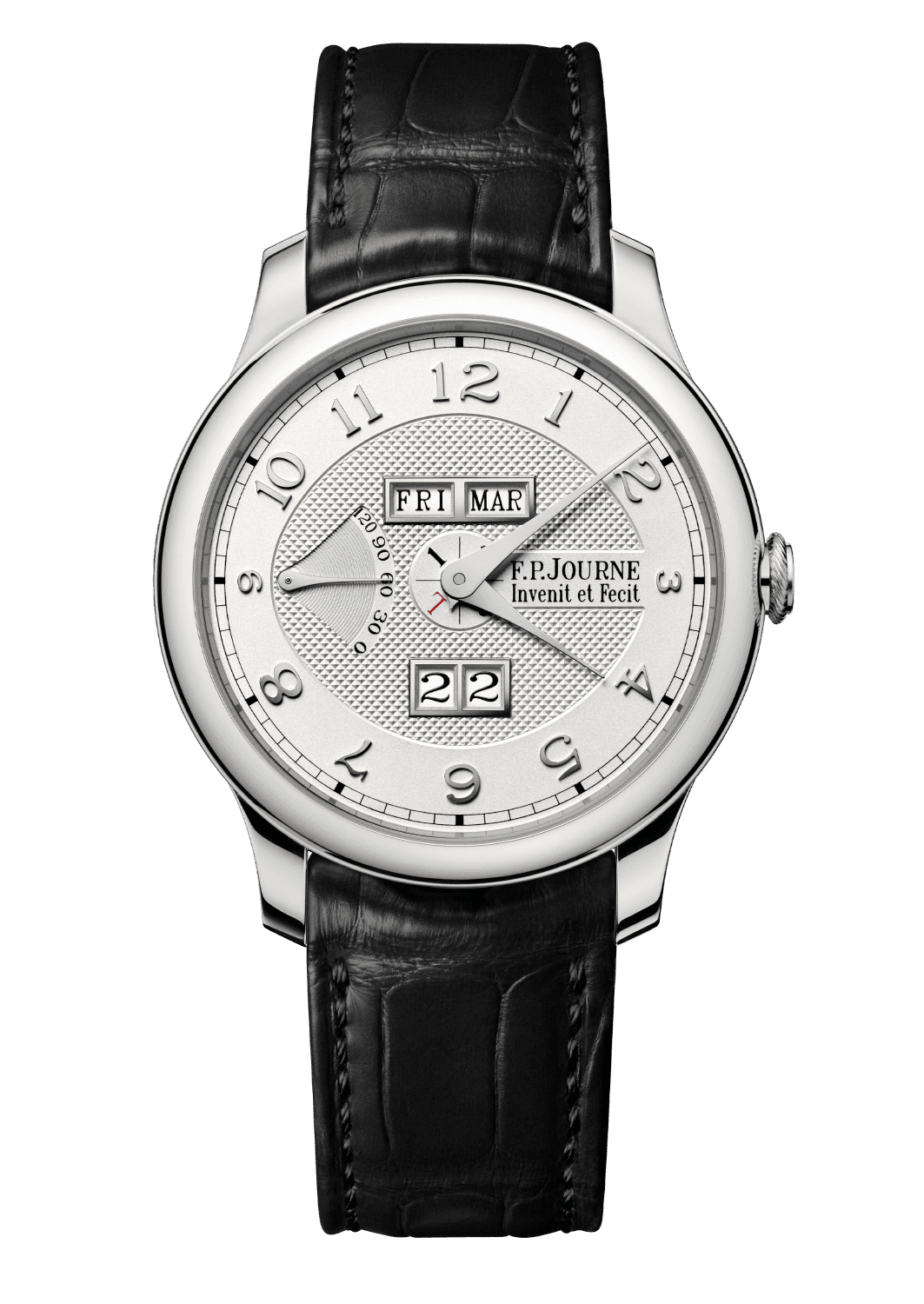 QUANTIÈME PERPÉTUEL — Platinum, 40 or 42 mm, Dial: whitened guilloché Silver with 18K white Gold numerals and apertures, Hands: rhodium plated Steel, Height: 10.85 mm