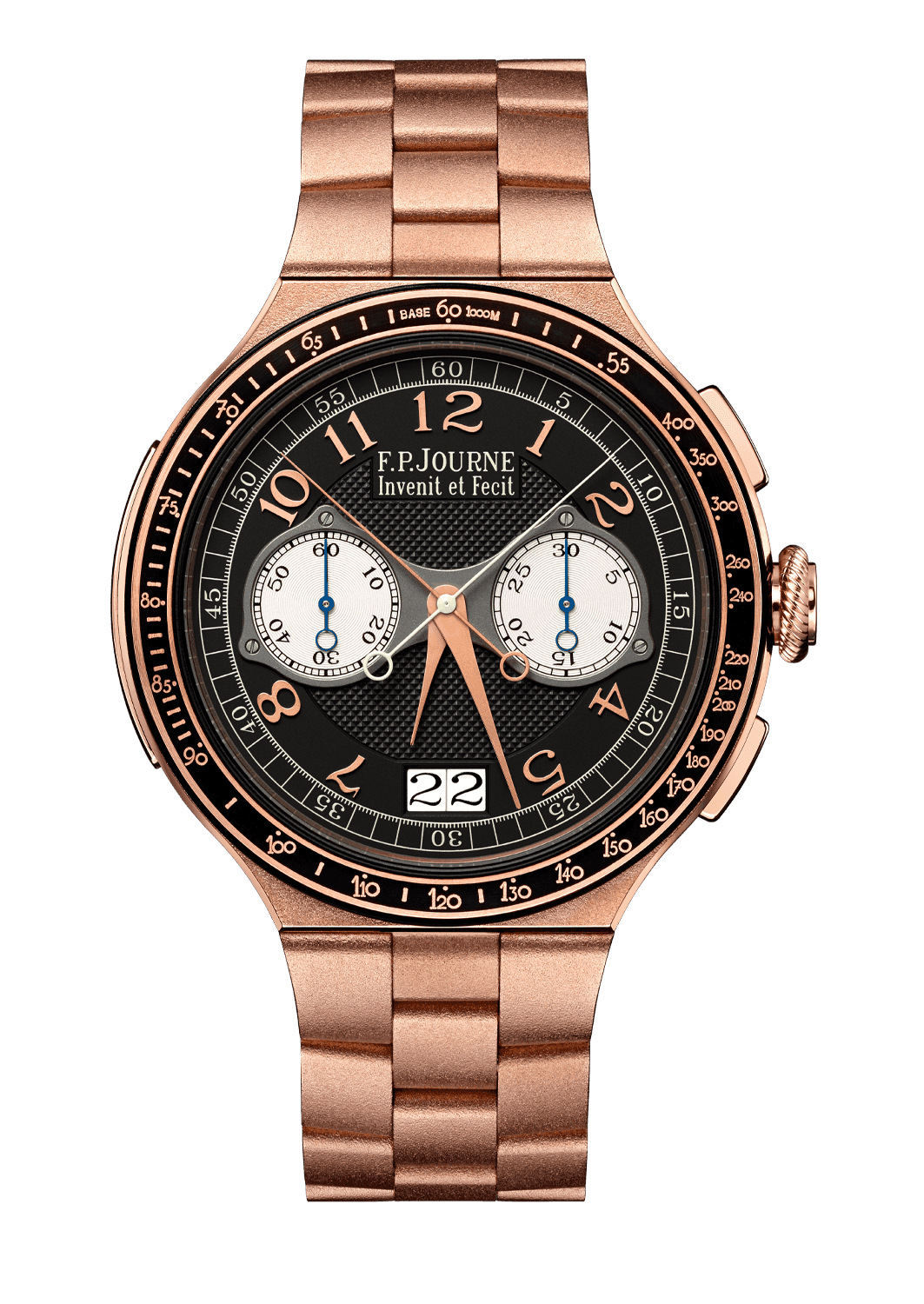 CHRONOGRAPHE RATTRAPANTE — Titanium, 44 mm, Dial: yellow, in Aluminium alloy with applied luminescent numerals, counters in sapphire, Hands: big luminescent hands in Steel, black coloured Steel, ivory color Steel and small hands in red lacquered Titanium, Height: 12.1 mm