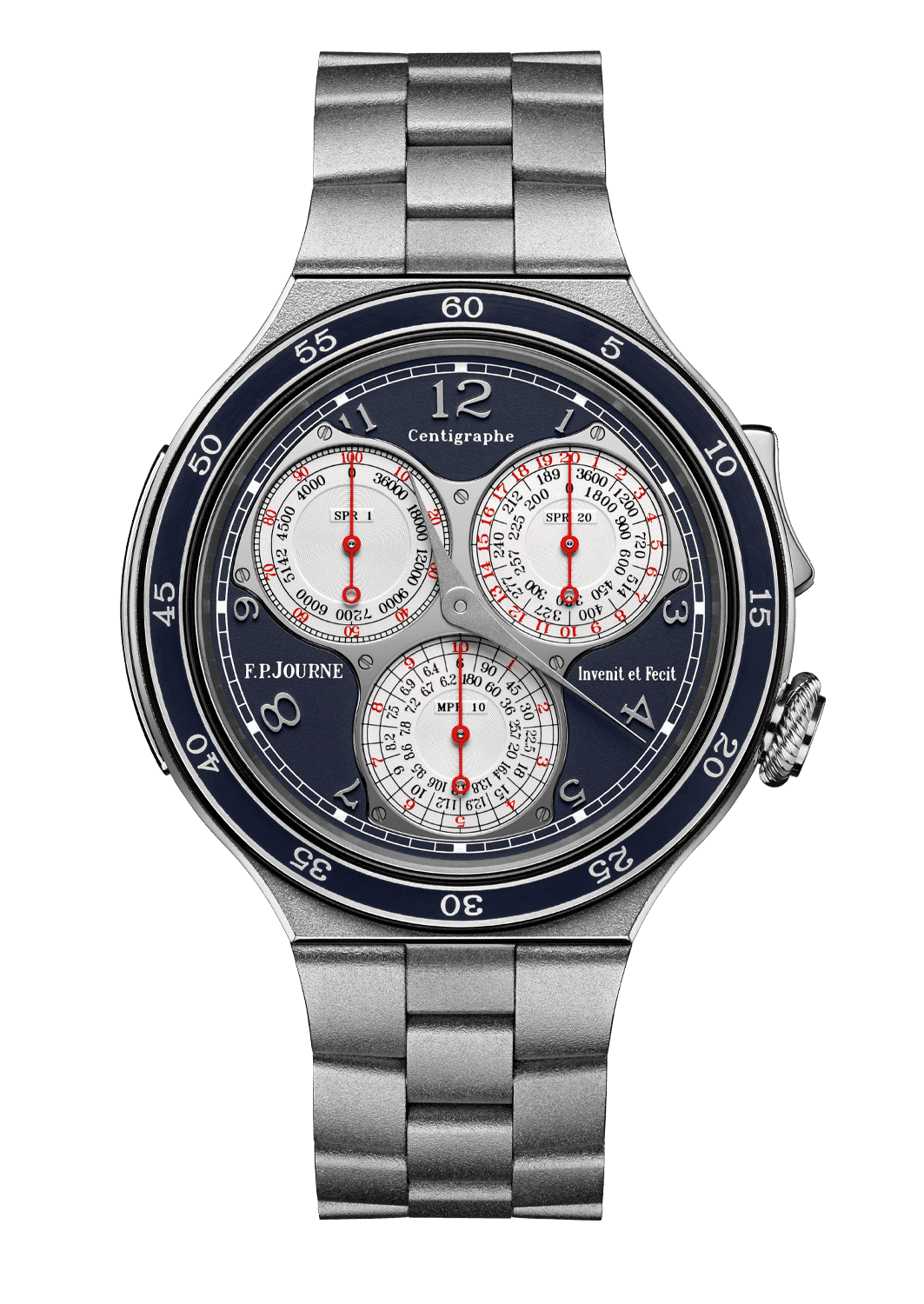 CENTIGRAPHE — Titanium, 44 mm, Dial: yellow, in Aluminium alloy with applied luminescent indexes and numerals, counters in sapphire, Hands: big luminescent hands in Steel, small hands in red lacquered Titanium, Height: 11 mm