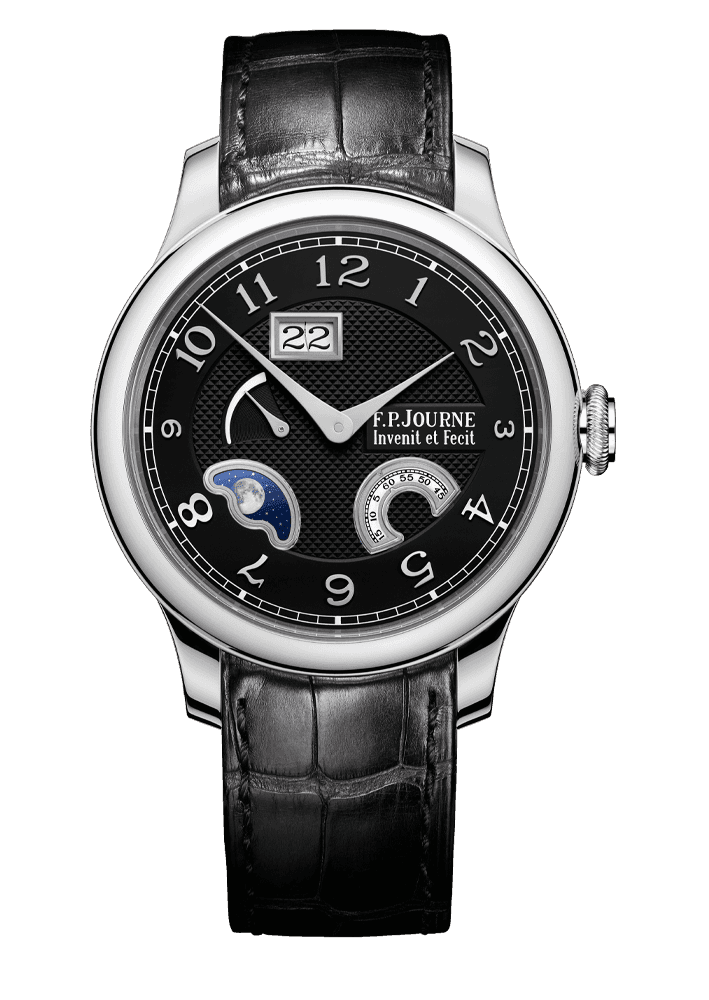 DIVINE BLACK LABEL — Platinum, 40 or 42 mm, Dial: blackened guilloché Silver with 18K white Gold numerals and apertures, Hands: rhodium plated Steel, Height: 10.7 mm