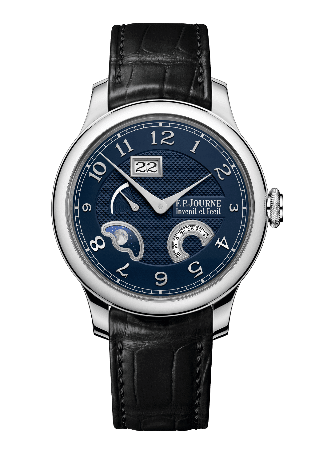 DIVINE — Platinum, 40 or 42 mm, Dial: blue guilloché Silver with 18K white Gold numerals and apertures, Hands: rhodium plated Steel, Height: 10.7 mm