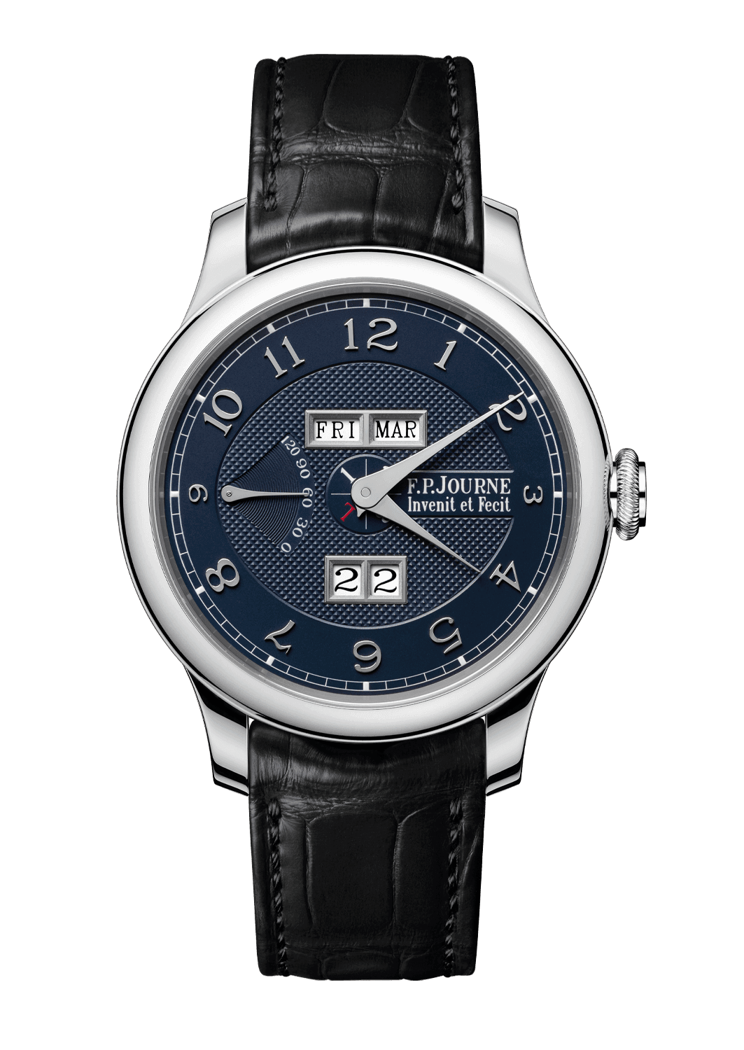 QUANTIÈME PERPÉTUEL — Platinum, 40 or 42 mm, Dial: blue guilloché Silver with 18K white Gold numerals and apertures, Hands: rhodium plated Steel, Height: 10.85 mm