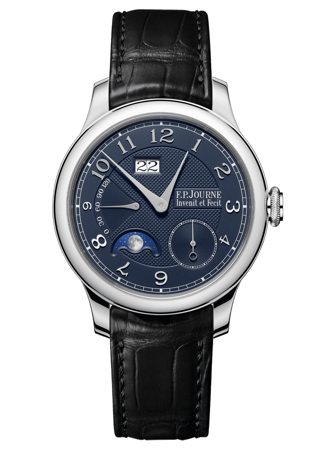 AUTOMATIQUE LUNE — Platinum, 40 or 42 mm, Dial: blue guilloché Silver with 18K white Gold appliqué numerals, Hands: rhodium plated Steel, Height: 10.7 mm