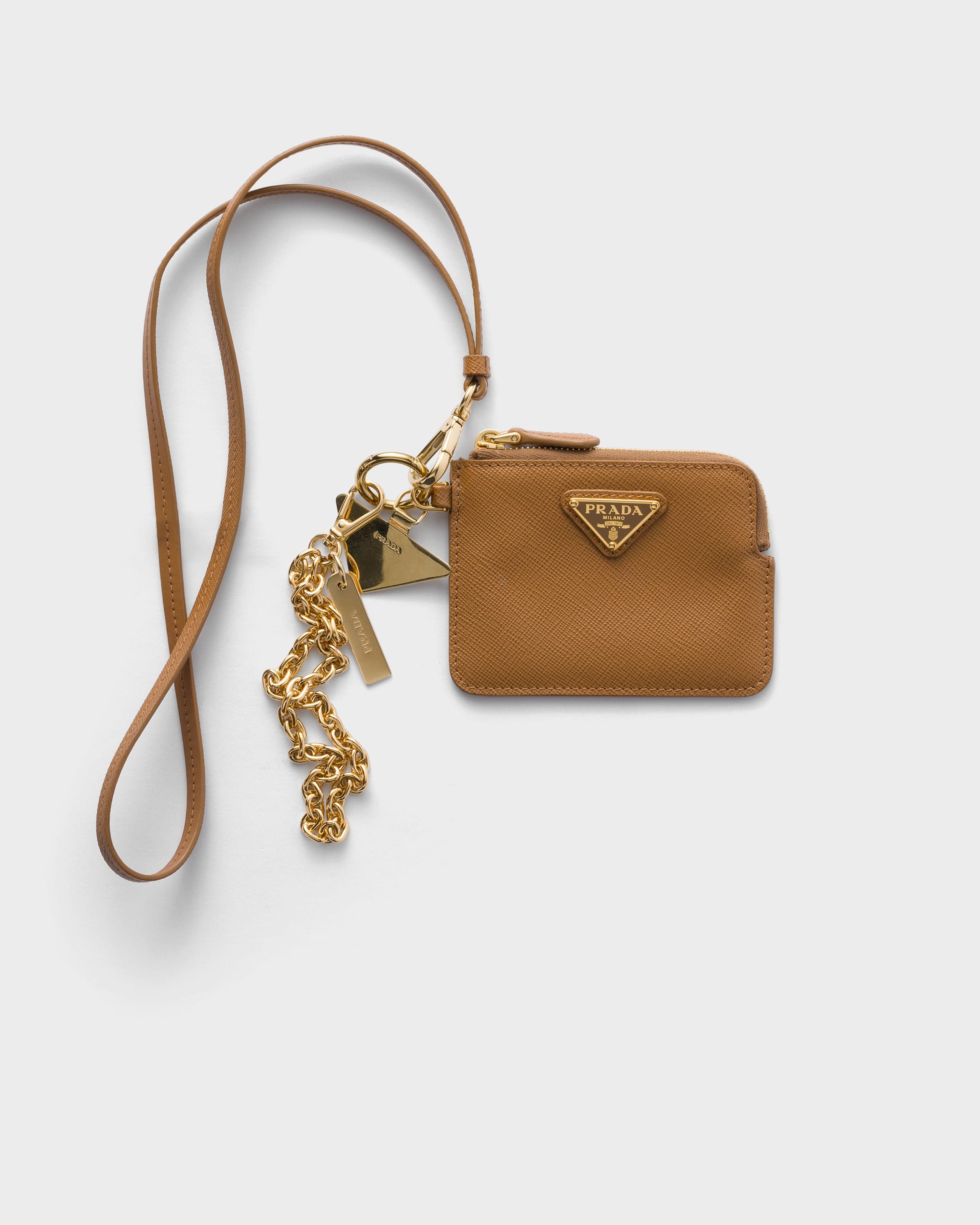 Saffiano leather card holder with shoulder strap — Caramel — 1MC127_QHH_F03BH