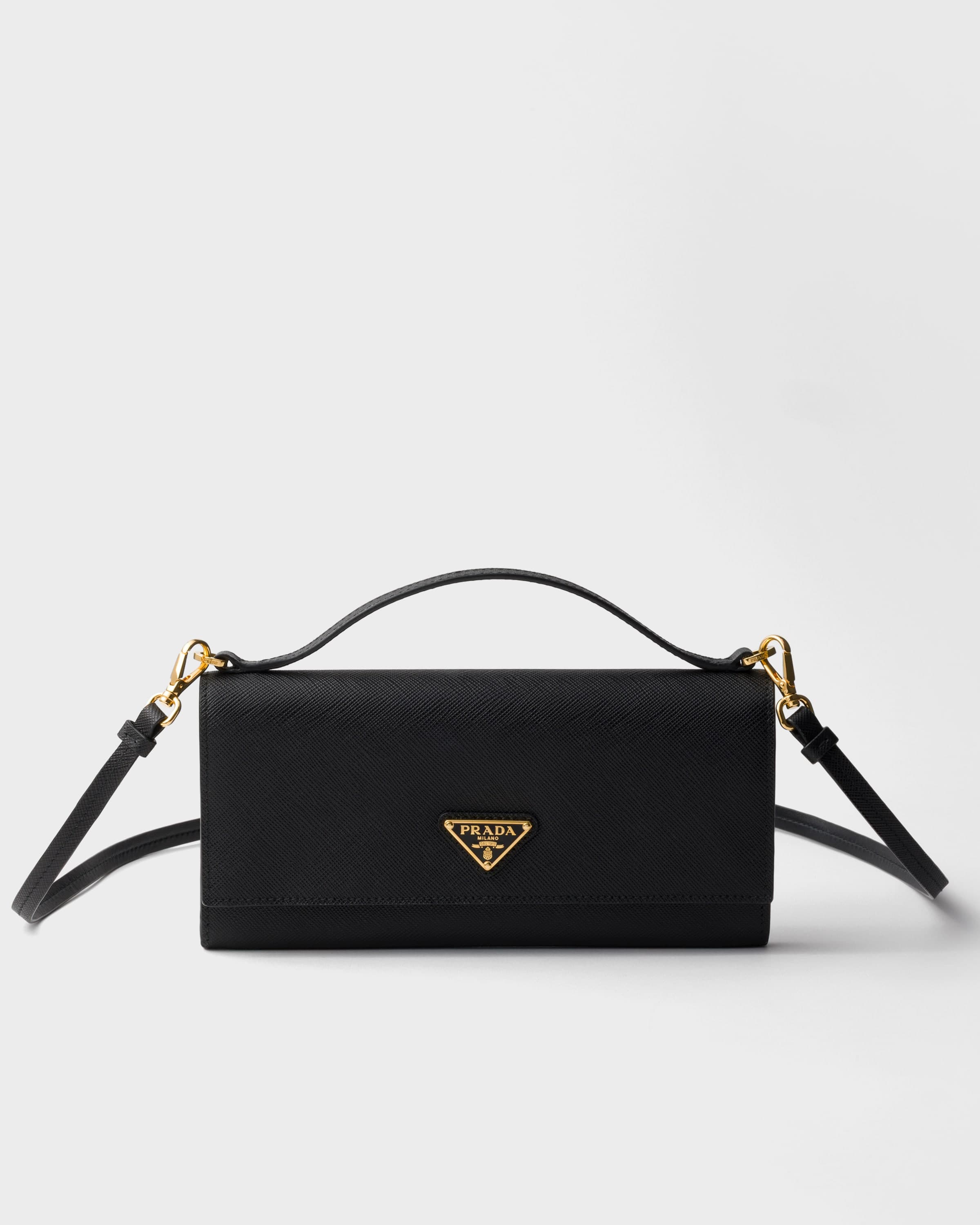 Saffiano leather wallet with shoulder strap — Black — 1MT042_QHH_F0002