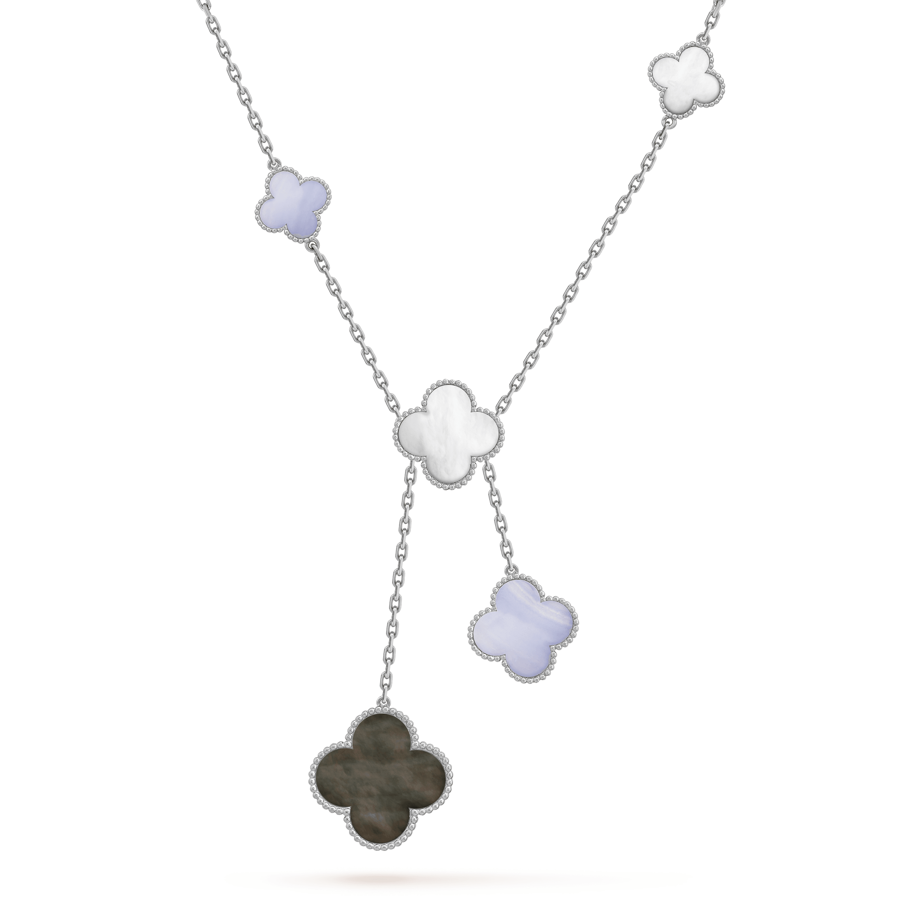 Magic Alhambra necklace, 6 motifs — gray mother-of-pearl, white gold — VCARN18900