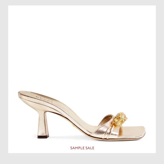 Mid-heel slide with tiger head — gold metallic leather — 588977B8B007100