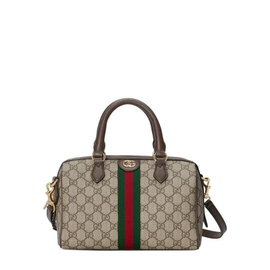 Ophidia GG small top handle bag — beige and ebony canvas — 77206196IWG8745