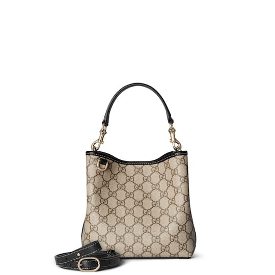 GG Emblem small bucket bag — beige and brown GG fabric — 815118FAD6L9741