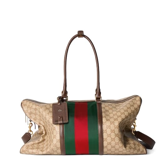 Medium GG duffle bag with Web — sand and brown GG canvas — 875059FAF798547