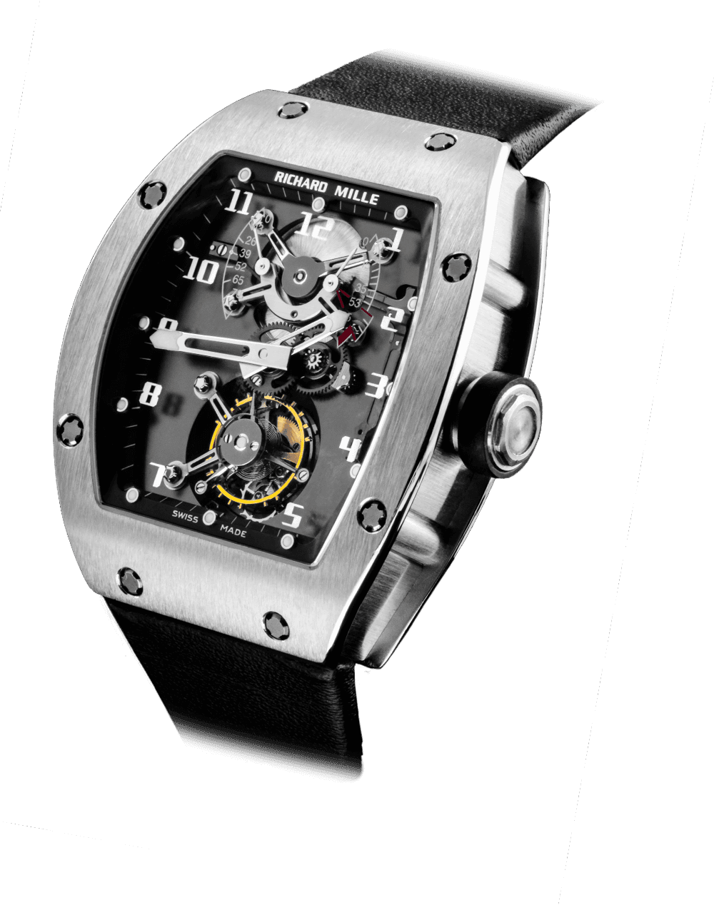 Tourbillon RM 001 — Manual winding tourbillon movement with hours, minutes, power-reserve, torque and function indicators