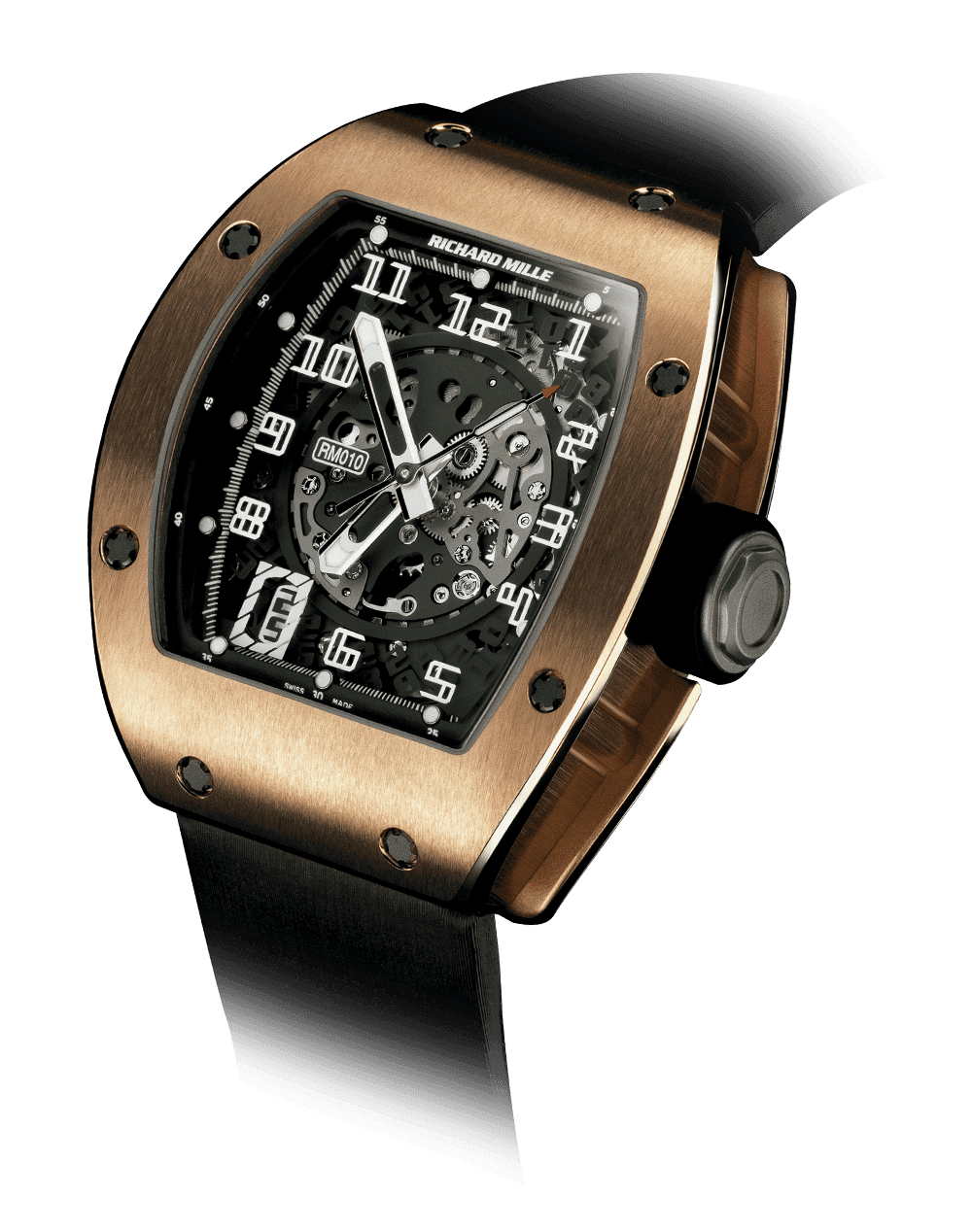Automatic RM 010 — Skeletonised automatic movement with hours, minutes, date and variable-geometry rotor