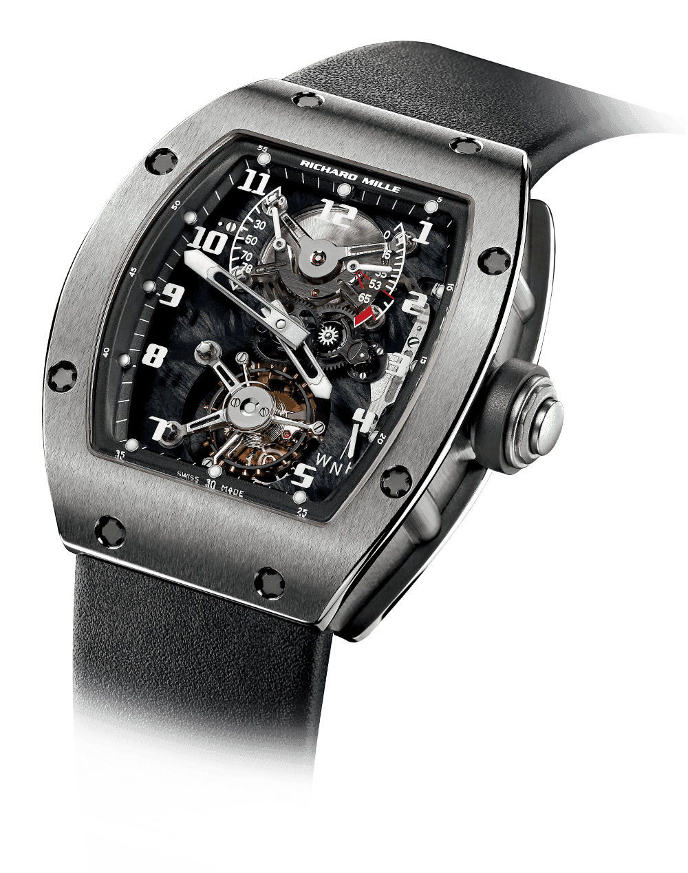 RM 002 Tourbillon RM 002-V2 — Manual winding tourbillon movement with hours, minutes, function selector, power-reserve and torque indicators