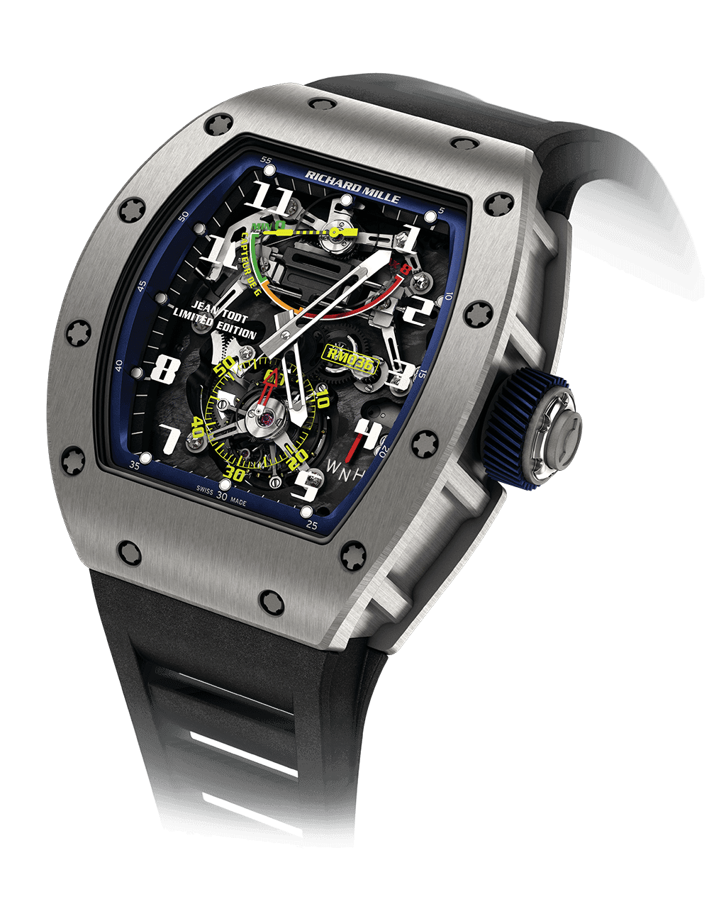 Tourbillon RM 036 — Manual winding tourbillon movement with hours, minutes, seconds at 6 o’clock, g-sensor and function selector