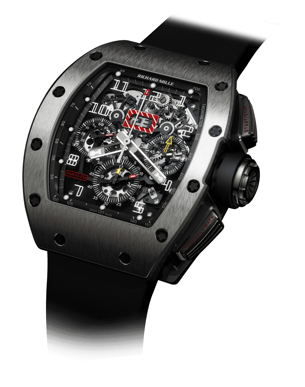 Automatic Flyback Chronograph Felipe Massa RM 011 — Skeletonised automatic winding movement with variable-geometry rotor offering hours, minutes, seconds, flyback…