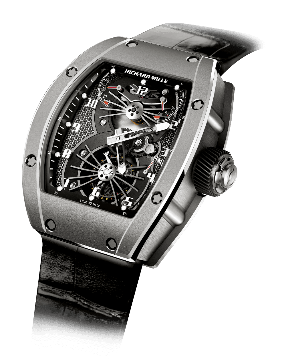 Tourbillon Aerodyne RM 021 — Manual winding tourbillon movement with hours, minutes, power-reserve indicator, torque indicator and function selector