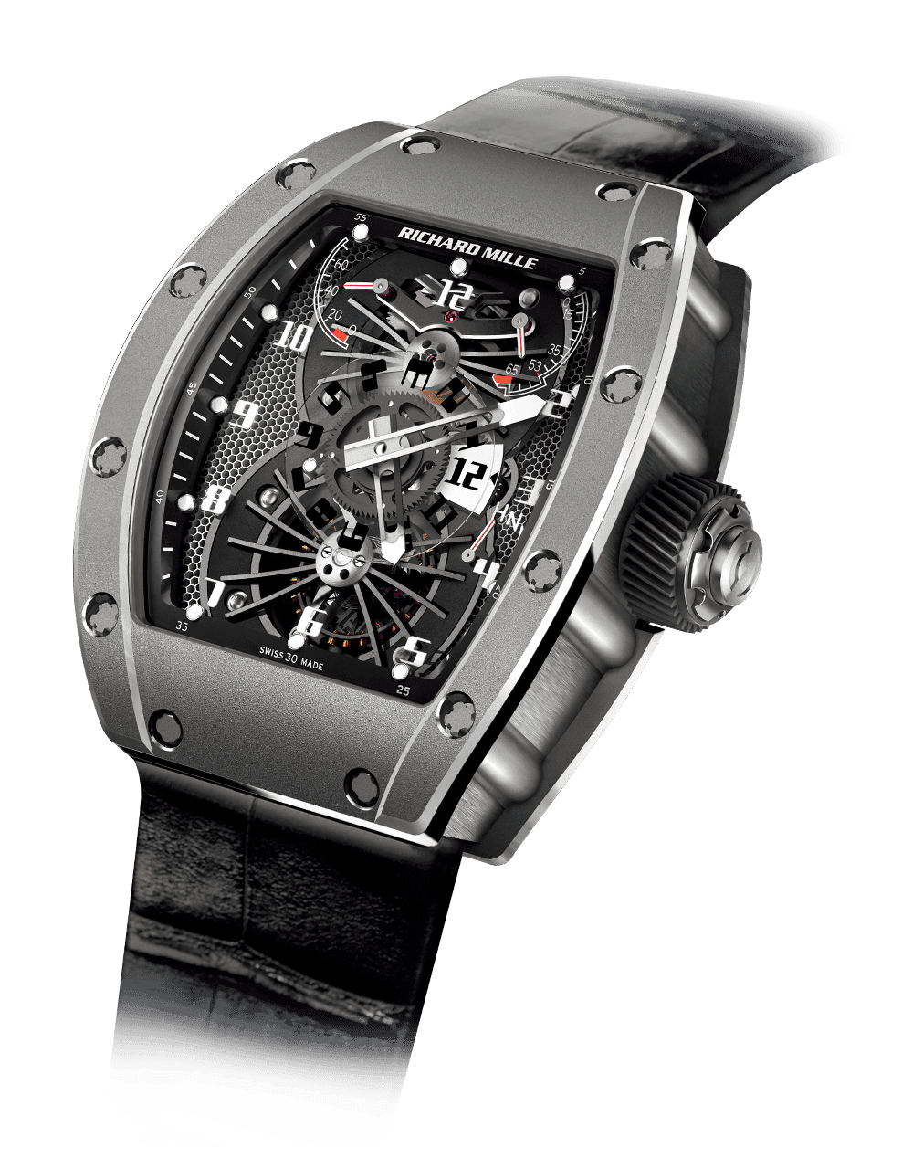 Tourbillon Aerodyne Dual Time Zone RM 022 — Manual winding tourbillon movement with hours, minutes, dual time zone indicator, function selector, power-reserve…