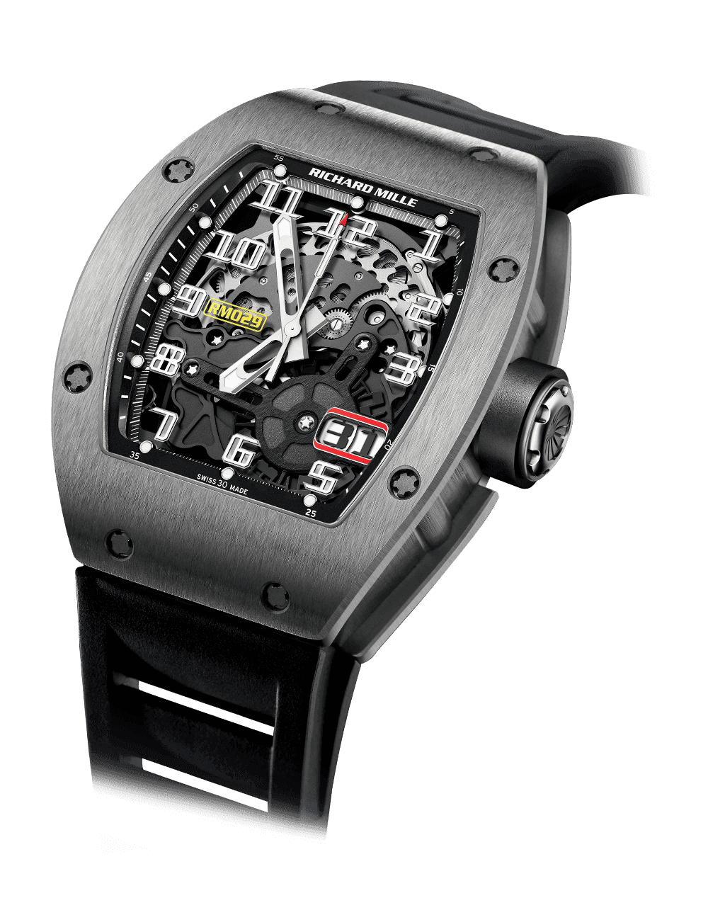 Automatic with Oversize Date RM 029 — Skeletonised automatic winding movement with hours, minutes, seconds, oversized date and variable-geometry rotor