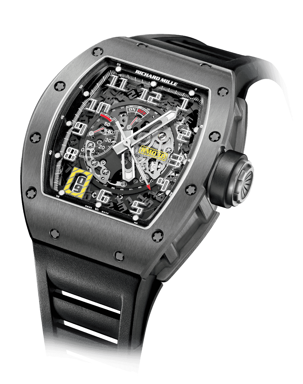 Automatic Winding with Declutchable Rotor RM 030 — Skeletonised automatic-winding movement with hours, minutes, seconds, date, winding indicator, power-reserve…