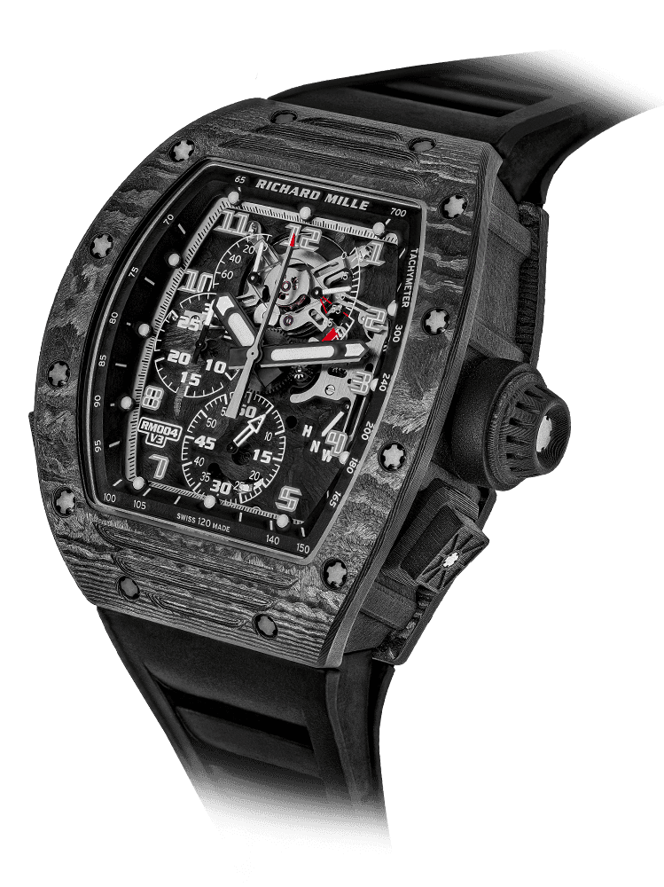 Split-Seconds Chronograph (V2 and V3) RM 004 — The RM 004 and RM 008 are both split-seconds wristwatches with virtually the same mechanical layout and design