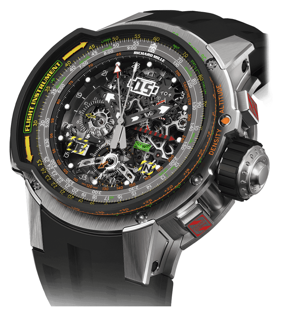 Manual Winding Tourbillon Chronograph Aviation RM 039 — Manual winding tourbillon movement with hours, minutes, seconds at 6 o'clock, UTC function, oversize date, flyback…