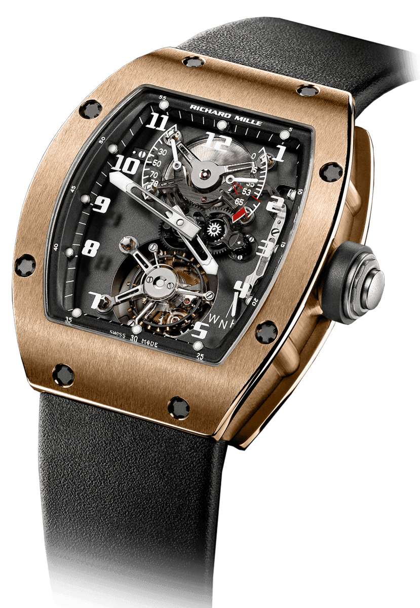 RM 002 Tourbillon RM 002-V1 — Manual winding tourbillon movement with hours, minutes, function selector, power-reserve and torque indicators