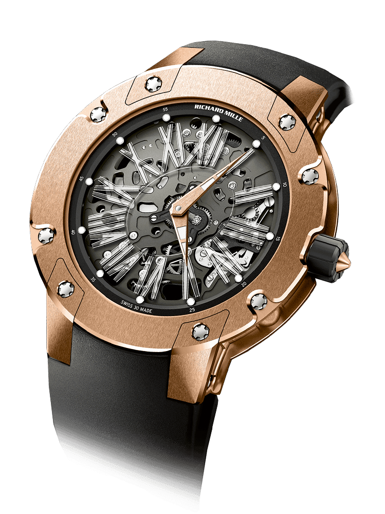 Automatic Extra Flat RM 033 — Skeletonised automatic-winding movement with hours, minutes and off-centre monoblock platinum rotor