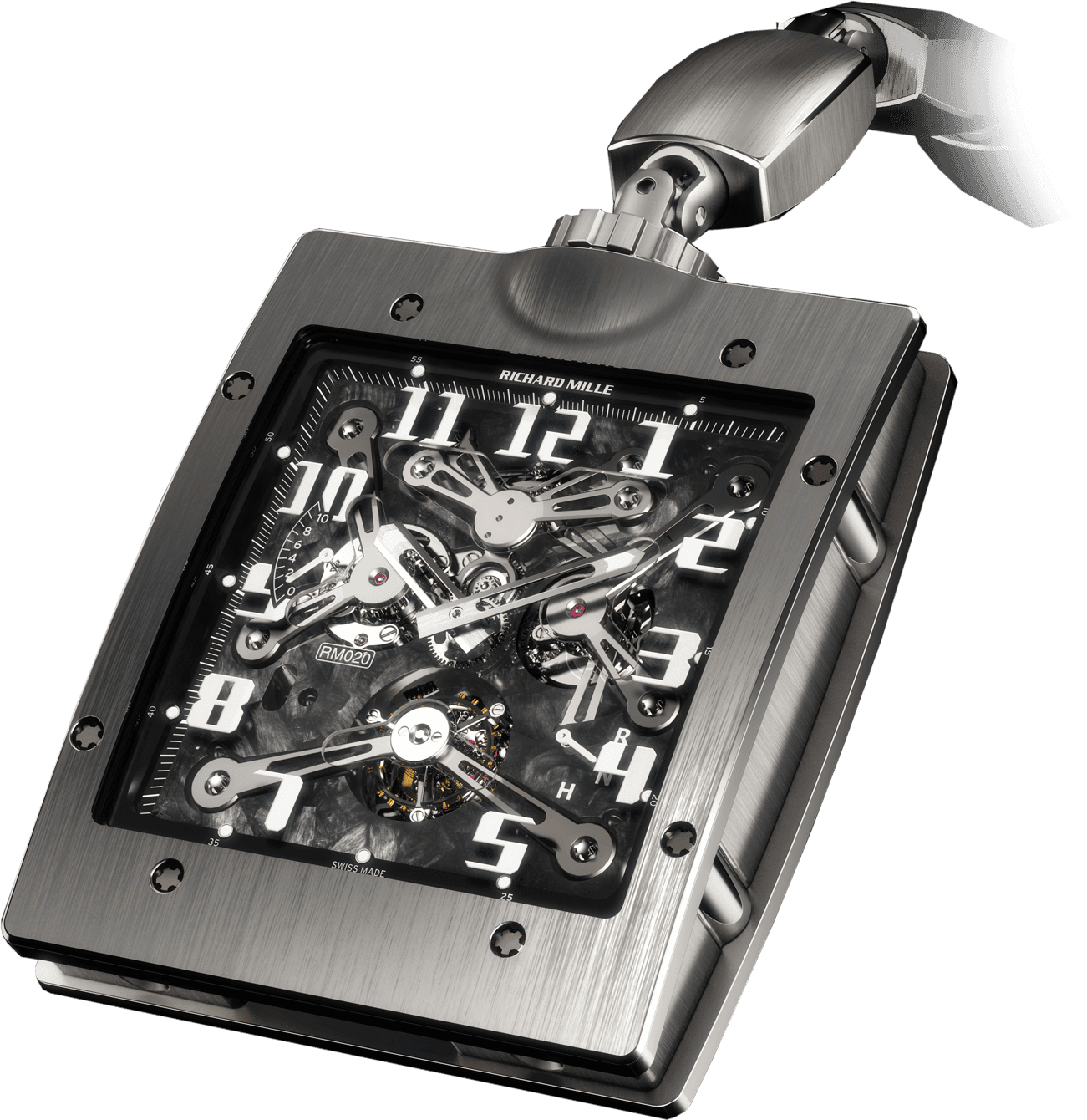 Manual Winding Tourbillon Pocket Watch RM 020 — Manual winding tourbillon movement with hours, minutes, power-reserve and function indicators