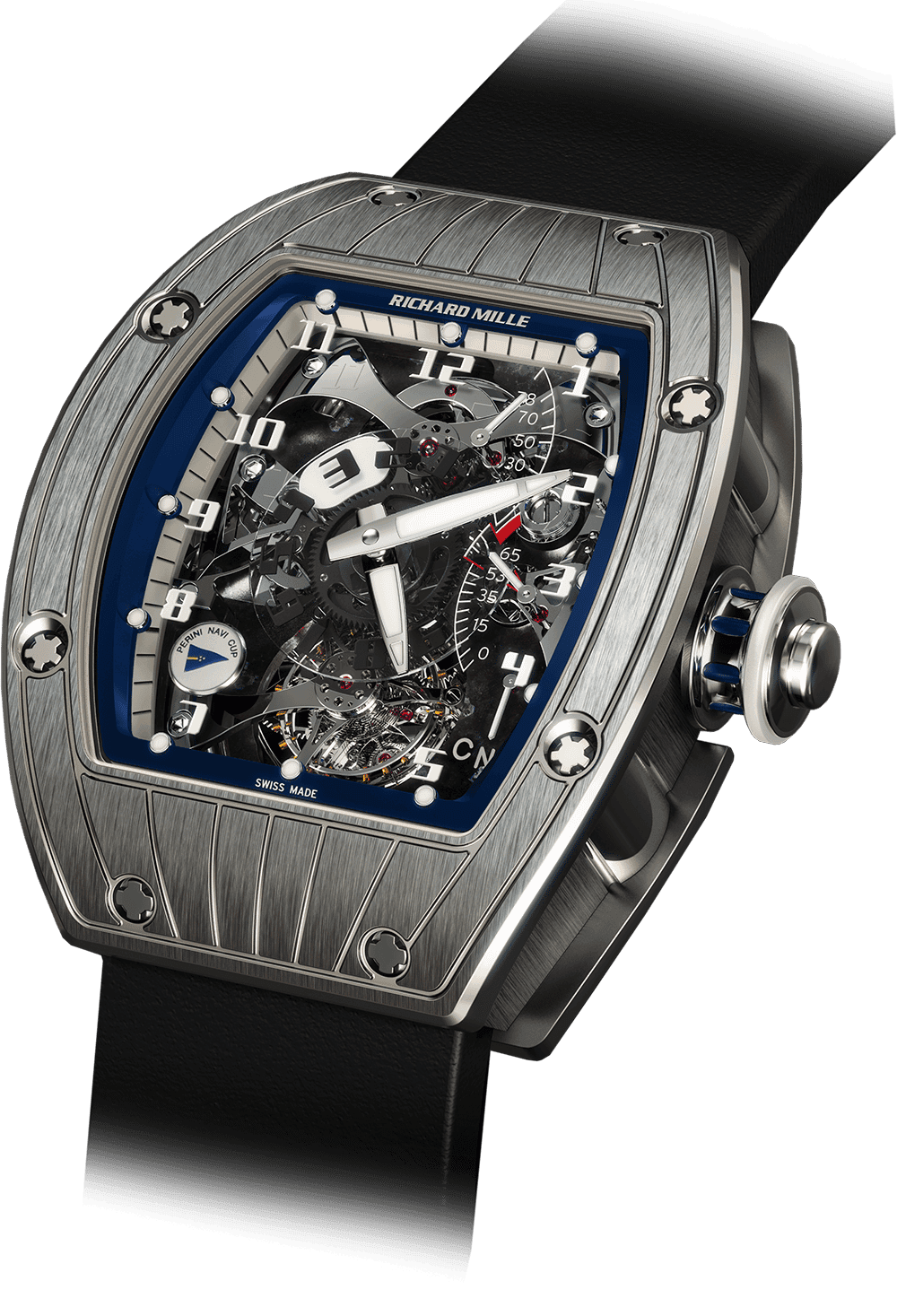 Tourbillon Dual Time Zone RM 015 — Manual winding tourbillon movement with hours, minutes, dual time zone indicator, function selector, power-reserve…