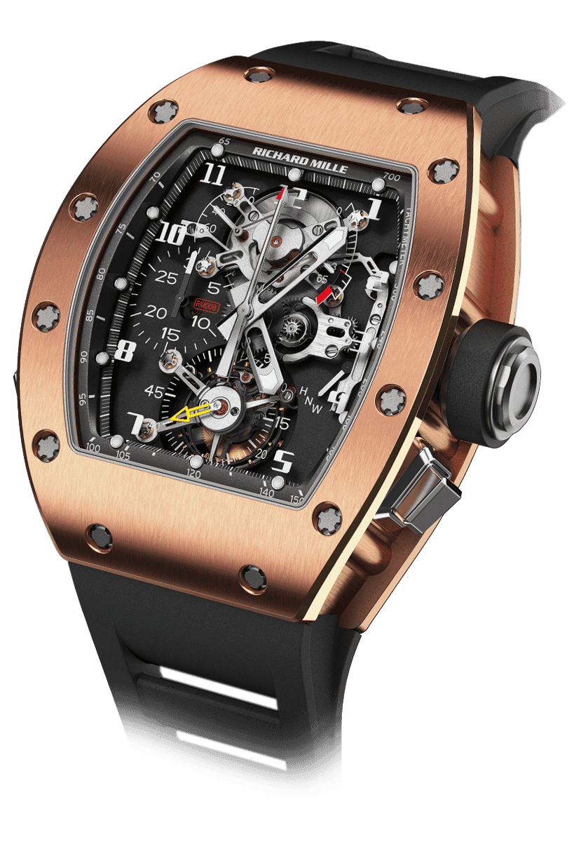 RM 008 Tourbillon Split-Seconds Chronograph RM 008-V1 — Manual winding tourbillon movement with hours, minutes, seconds, split-seconds chronograph, 30-minute totaliser,…