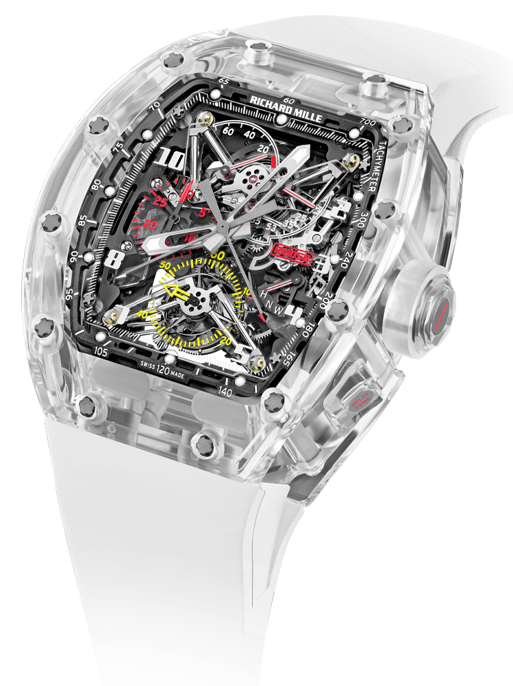Tourbillon Chronograph Sapphire RM 056 — Manual winding tourbillon movement with hours, minutes, seconds, split-seconds chronograph, 30-minute totaliser,…
