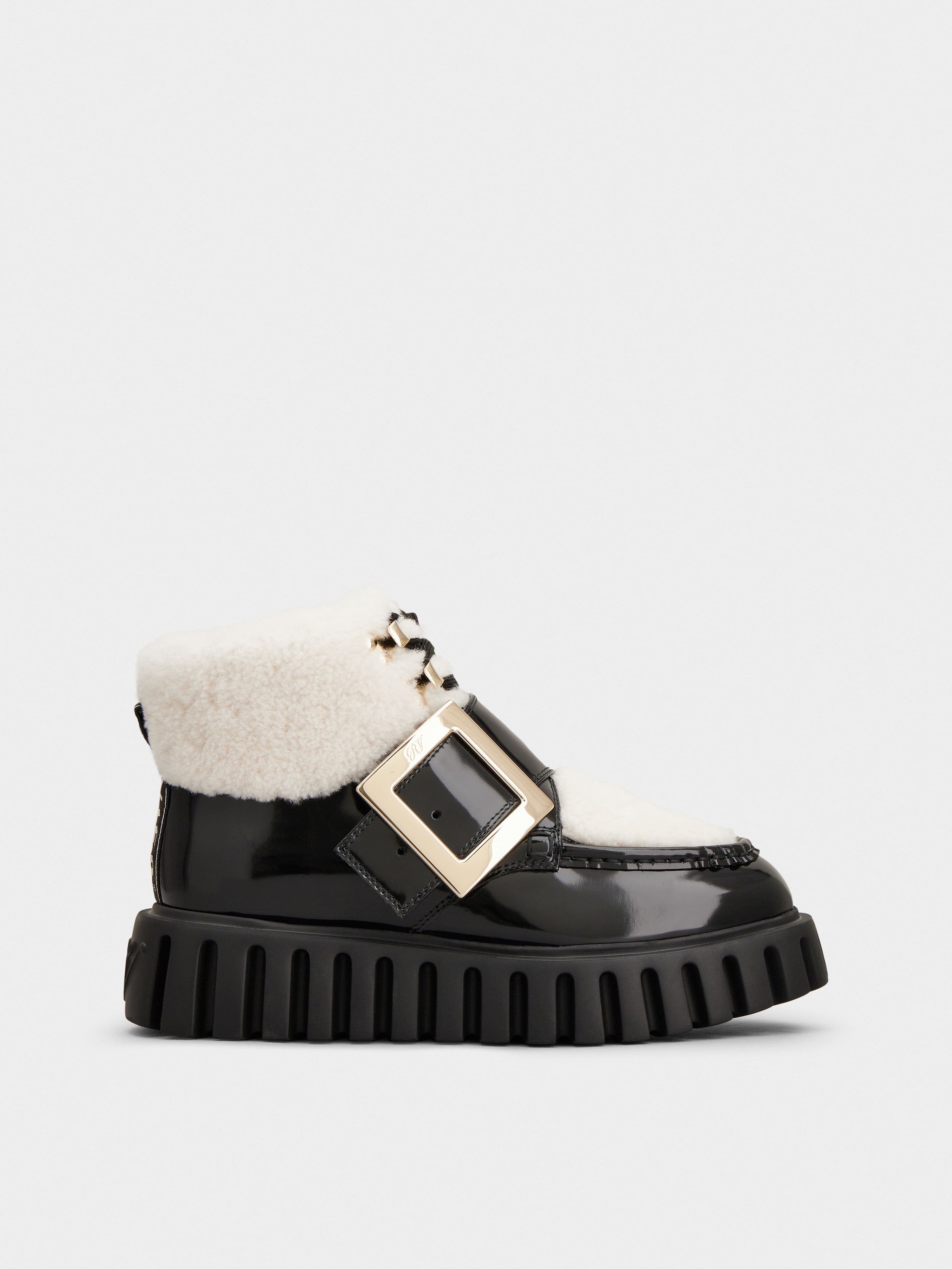 Viv' Go-Thick Metal Buckle Fur Ankle Boots in Patent Leather — RVW64633850E1S08CE