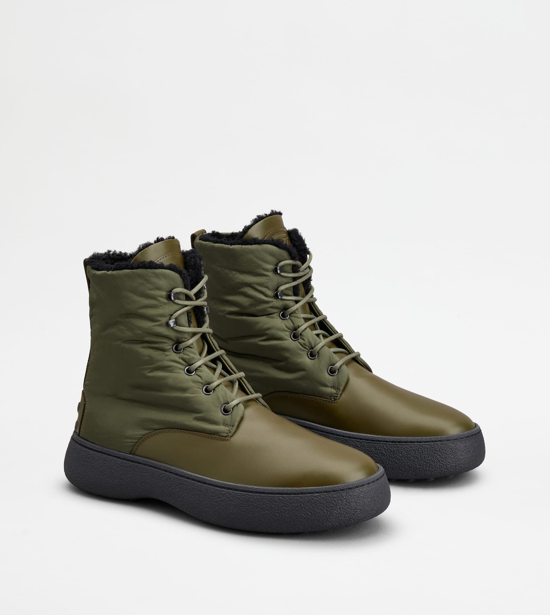 W. G. Lace-up Ankle Boots in Leather and Fabric — Green — XXM09J0GM50MGT02P2