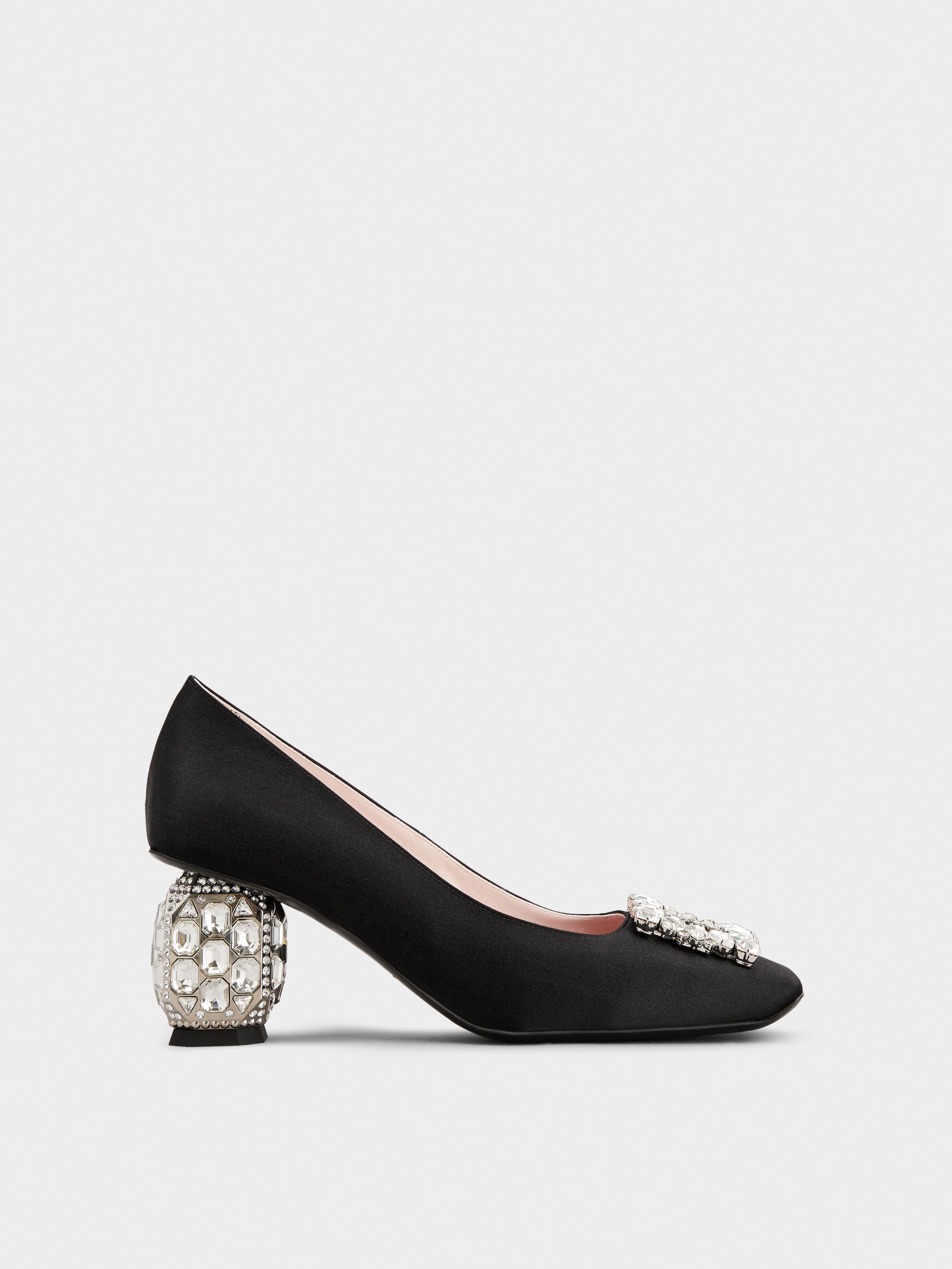 Jewel Heel Rhinestone Buckle Pumps in Satin — RVW68534280RS0B999