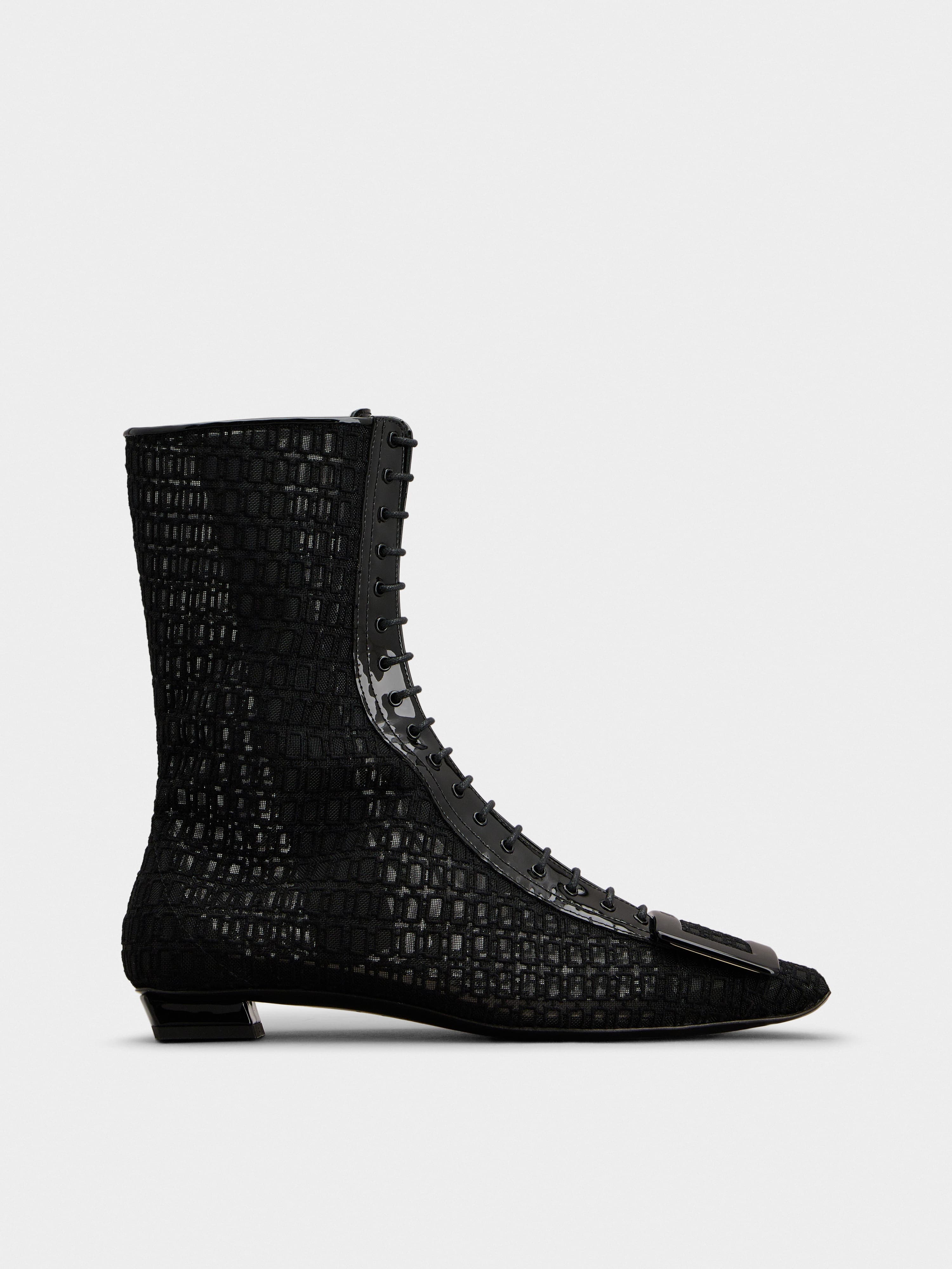 Belle Vivier Net Lacquered Buckle Lace-up Ankle Boots in Fabric — RVW00736080SJFB999