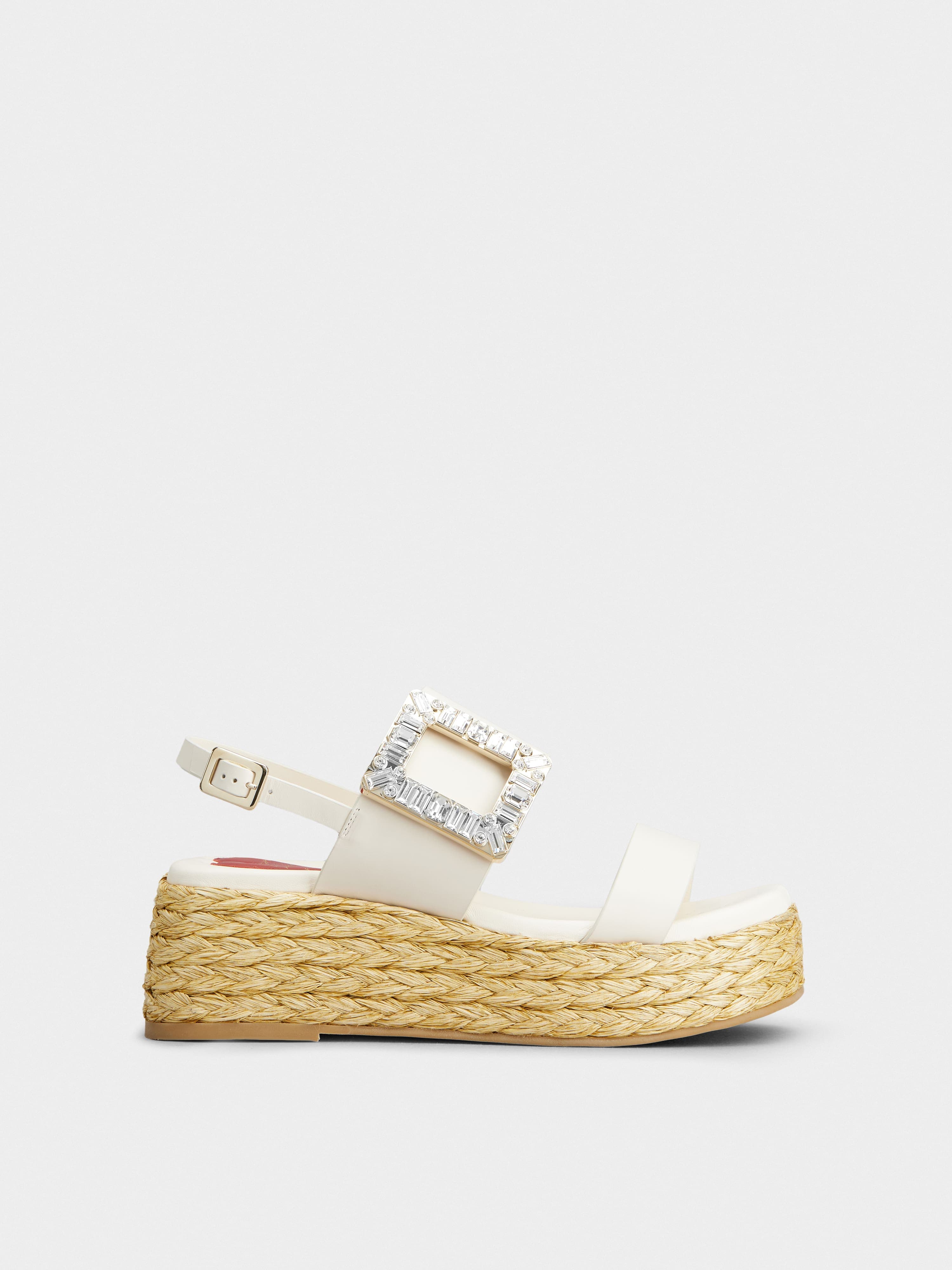Strass Buckle Raffia Wedge Sandals in Leather — RVW73438780BSSC019