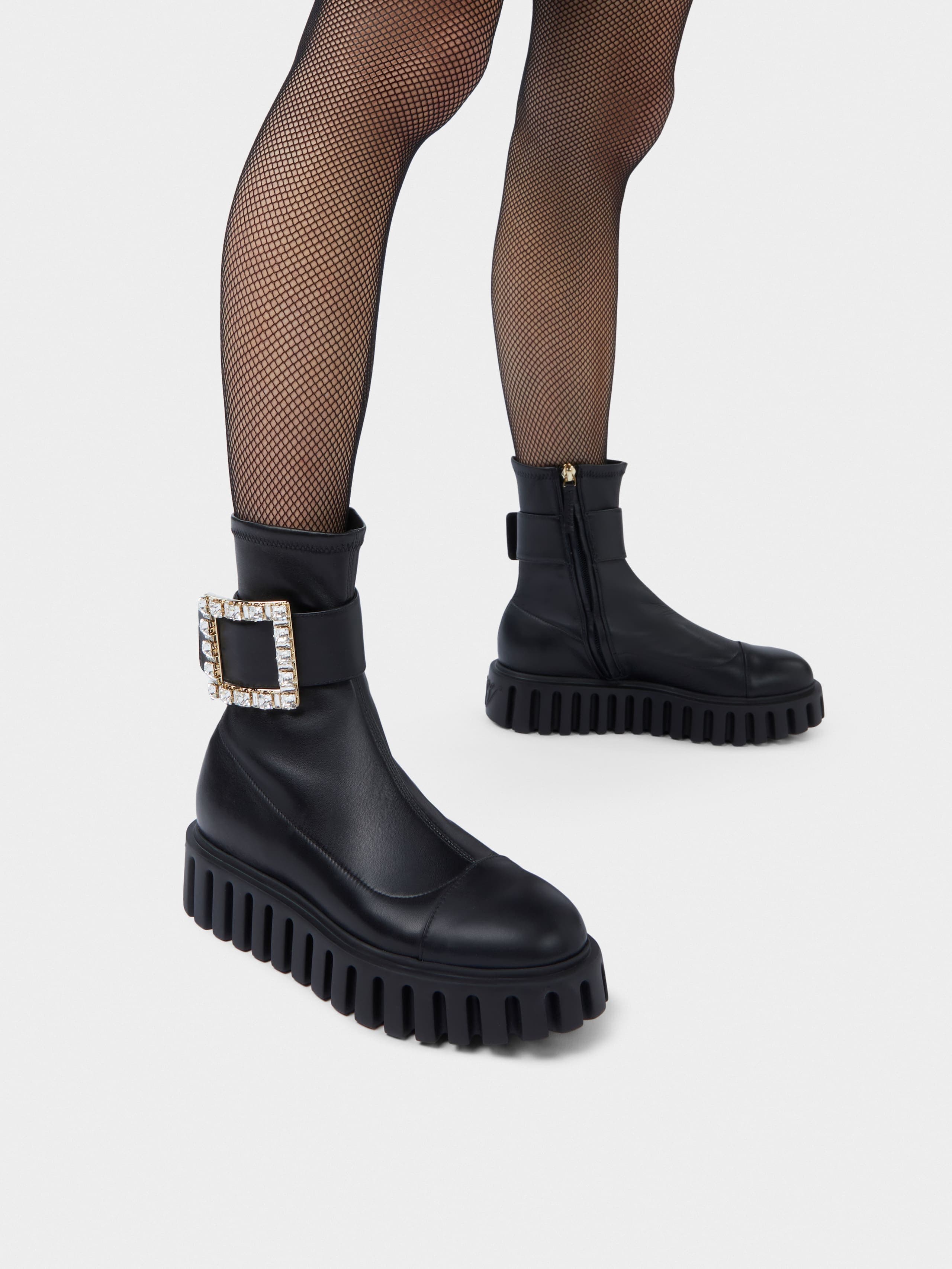Viv' Go-Thick Rhinestone Buckle Stretch Ankle Boots in Soft Leather — RVW64633870E4JB999