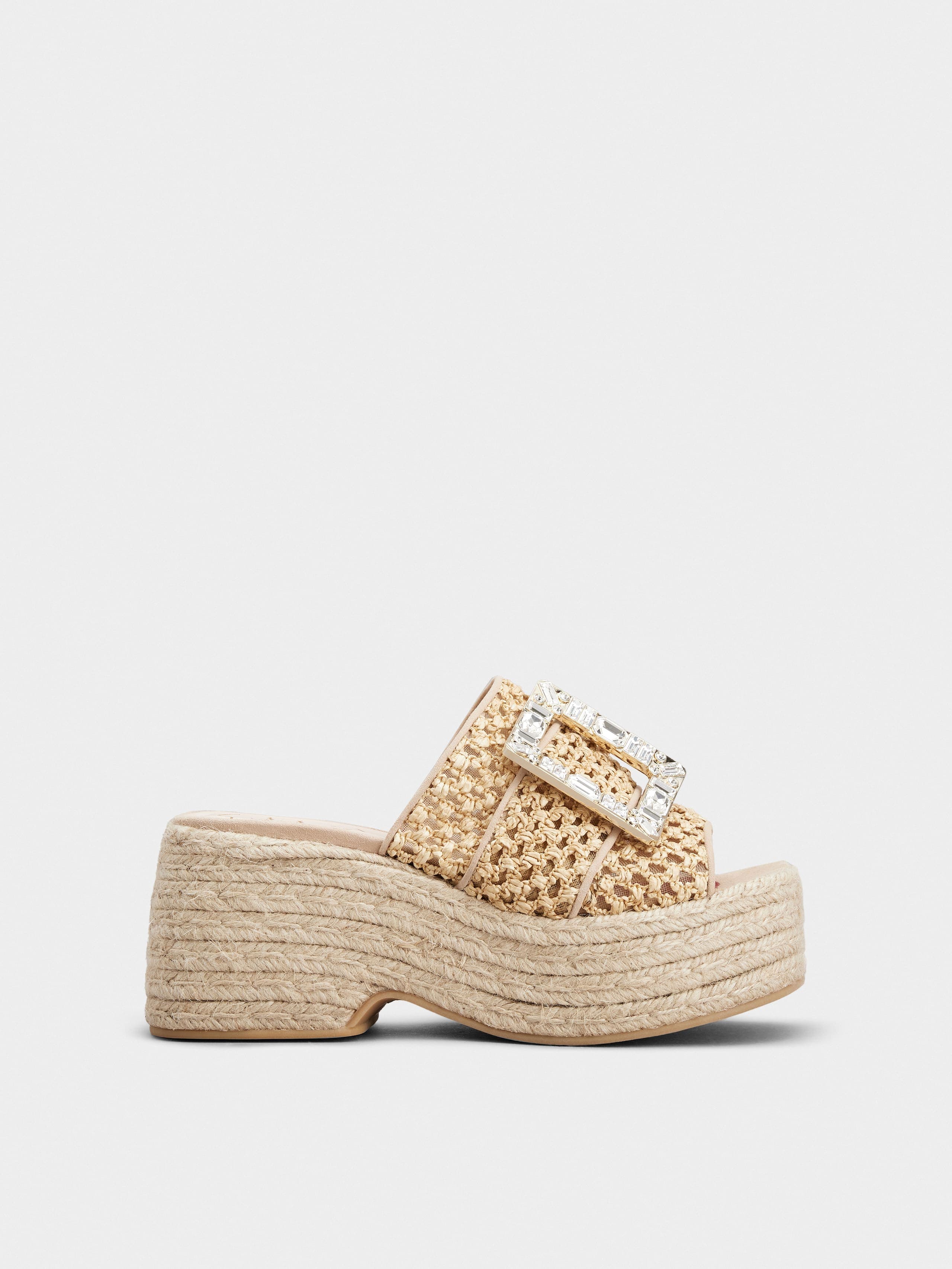 Rhinestone Buckle Espadrille Platform Mules in Raffia — RVW61935020RNK5T97