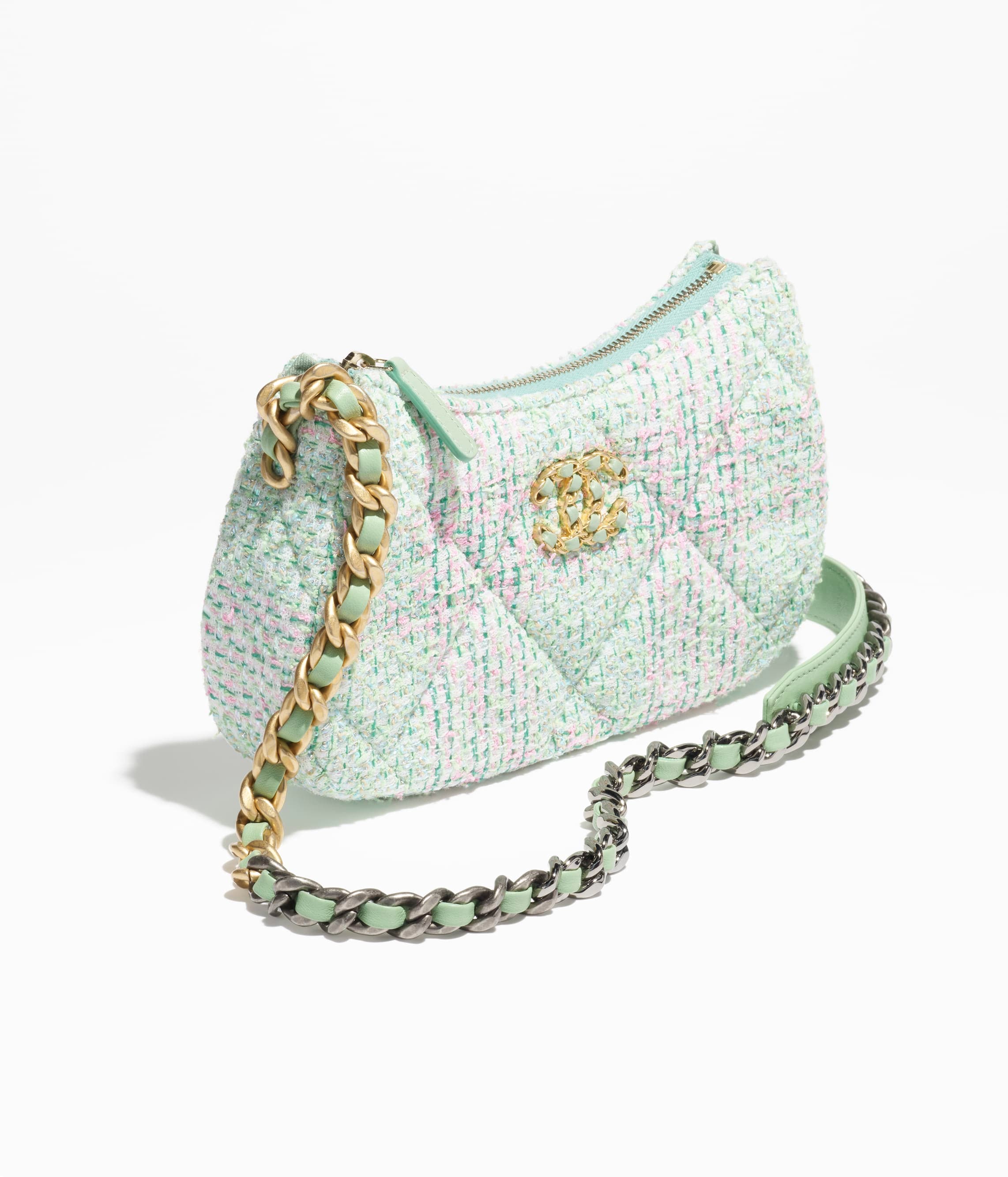 19 clutch with chain — Tweed, gold-tone, silver-tone & ruthenium-finish metal, green, pink & turquoise — AP3676B15407NT027